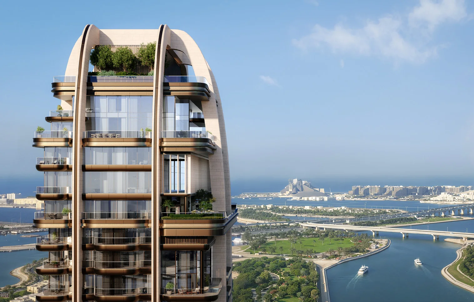 Sculptural tower architecture overlooking Abu Dhabi