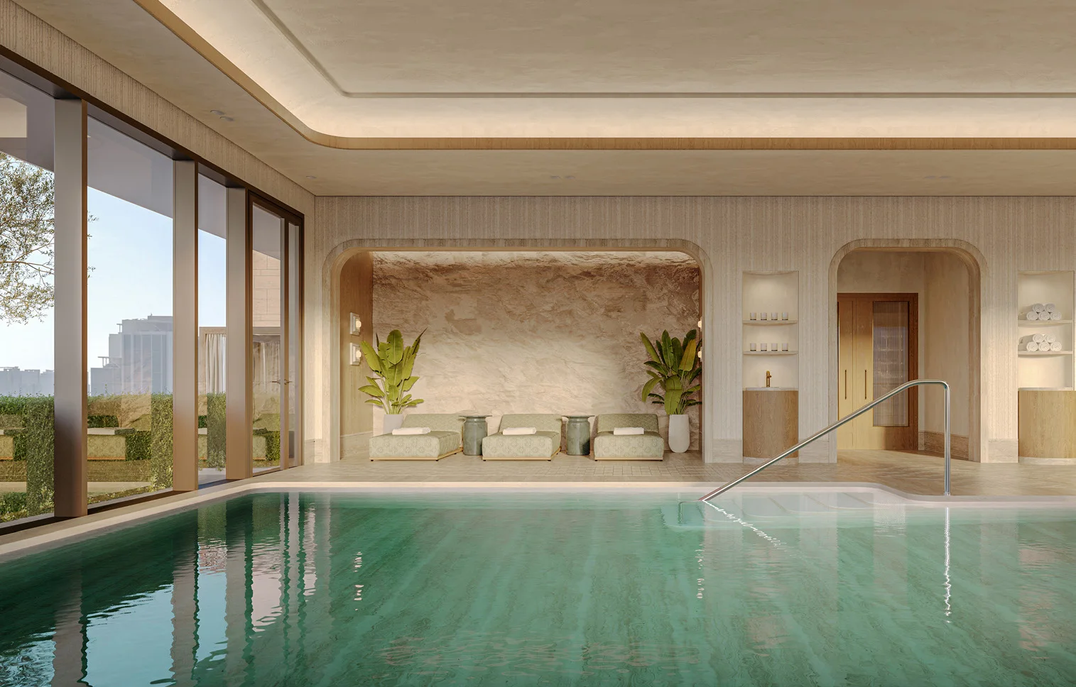Indoor swimming pool beneath a coffered ceiling